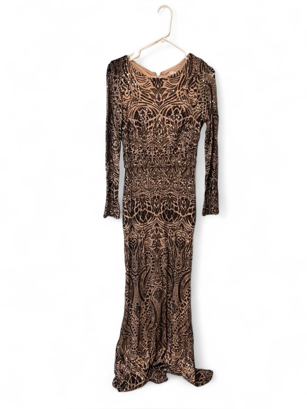 Betsy Adams  Long Sleeve Sequin Patterned Evening Gown - Bronze/Brown | Size 10